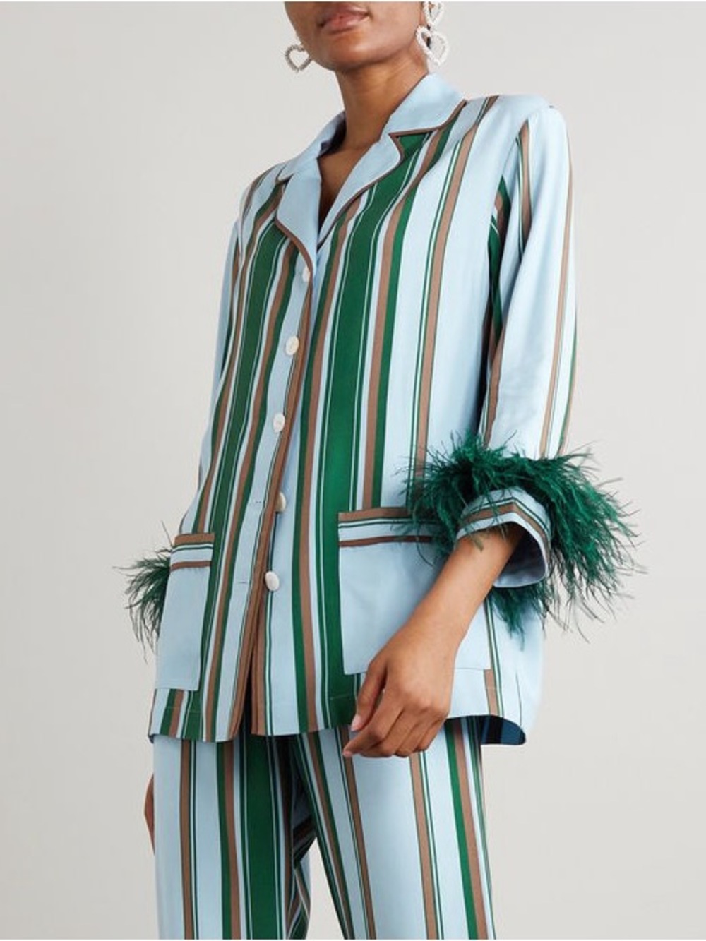 Sleeper Ostrich Feather-Trimmed Striped Crepe Pajama Long Sleeve Top Size XS